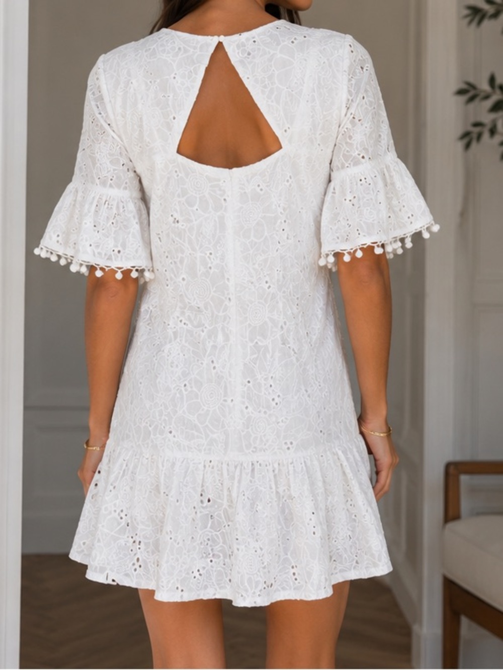 BCBGMaxAzria White Eyelet Embroidered Cutout Mini Dress with Pom Pom Sleeves | M
